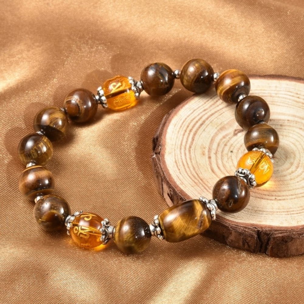 NWT Feng Shui South African Yellow Tiger's Eye Engraved Yellow Glass Bracelet